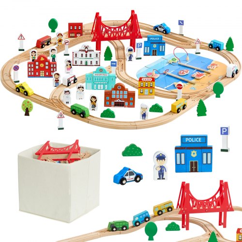 VEVOR 113PCS Wooden Train Set, for Kids Ages 3-8, Wood Train Track Toy with Stor