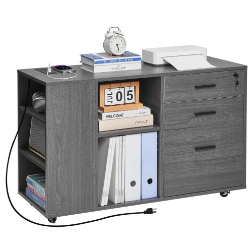 3 Drawer Wooden File Cabinet Mobile Filing Cabinet with Power Strip Gray