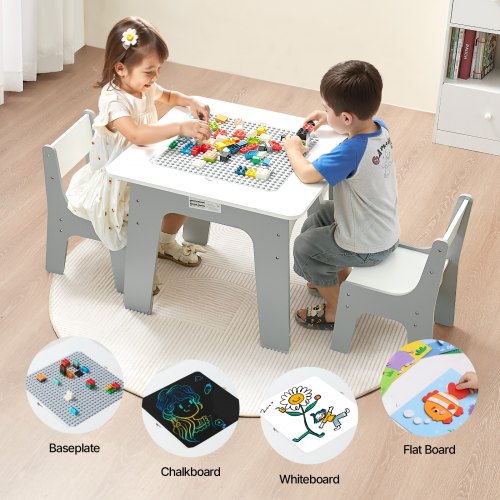 

VEVOR 4 in 1 Kid Activity Table and 2 Chairs Set, Graffiti & Building Blocks Double-Sided Tabletop, Toddler Play Table with Storage for Kids 3+ Years, Large Storage Space, Gift for Boys & Girls, White