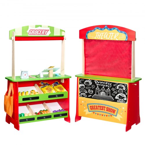 VEVOR Wooden Puppet Theater 2-in-1 Reversible Play Store Kids Play Market Stand