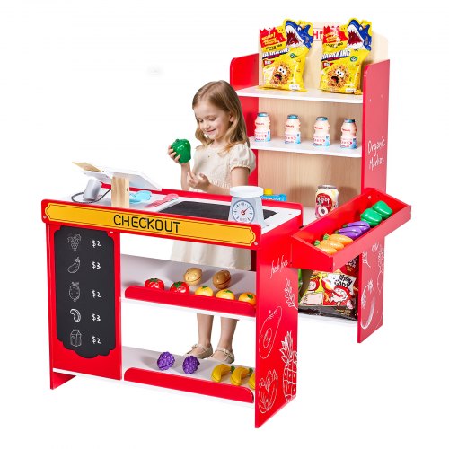 

VEVOR Kids Grocery Store Playset, Wooden Play Store with Shopping Bag, Kids Supermarket Pretend Play Toy Set with Conveyor Belt, Scanner, Cash Register, Realistic Scale, Gift for Boys & Girls