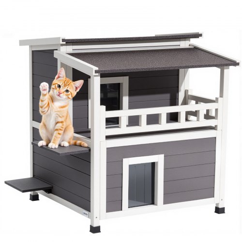 VEVOR Insulated Cat House 2-Story Outdoor Wooden Feral Cat Shelter with Balcony