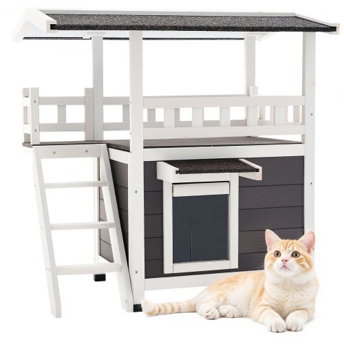 VEVOR Outdoor Cat House 2-Story Wooden Feral Cat Shelter with Stairs & Balcony