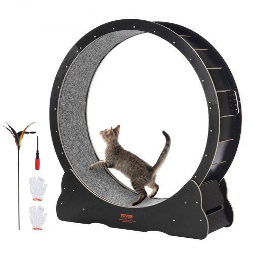 Vevor Wooden Cat Exercise Wheel, 43.3" Large Cat Treadmill Wheel For Indoor Cats, Cat Running Wheel With Detachable Carpet & Cat Teaser For Running/Wa-image