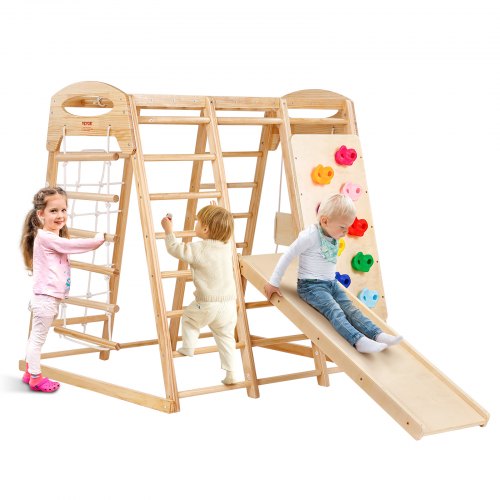 

VEVOR Indoor Jungle Gym, 7-in-1 Toddler Indoor Playground, Wooden Toddler Climbing Toys Indoor with Wood & Rope Ladder, Net Ladder, Swing, Monkey Bar, Slide, Climbing Wall, 47.2 x 58 x 56in