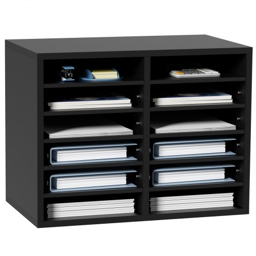

VEVOR Wood Literature Organizer, 12 Compartments, File Sorter with Removable Shelves, Mailboxes Slot for Office Home Classroom Mailrooms Organization, EPA Certified, Black