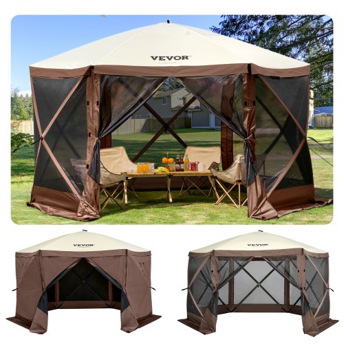 

VEVOR Camping Gazebo Tent, 10'x10', 6 Sided Pop-up Canopy Screen Tent for 8 Person Camping, Waterproof Screen Shelter w/Portable Storage Bag, Ground Stakes, Mesh Windows, Brown & Beige