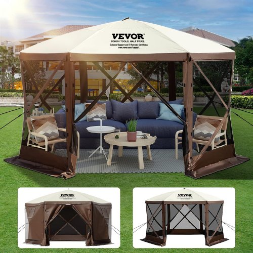 VEVOR Gazebo Screen Tent, 12 x 12 ft, 6 Sided Pop-up Camping Canopy Shelter Tent with Mesh Windows, Portable Carry Bag, Ground Stakes, Large Shade Ten