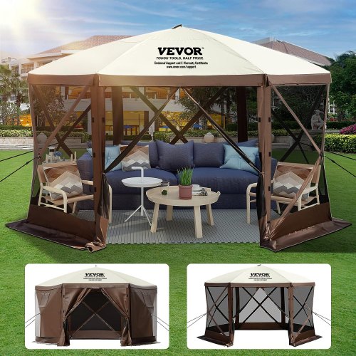 

VEVOR Camping Gazebo Tent, 12'x12', 6 Sided Pop-up Canopy Screen Tent for 8 Person Camping, IPX3 Waterproof Screen Shelter w/Portable Storage Bag, Ground Stakes, Mesh Windows, Brown & Beige