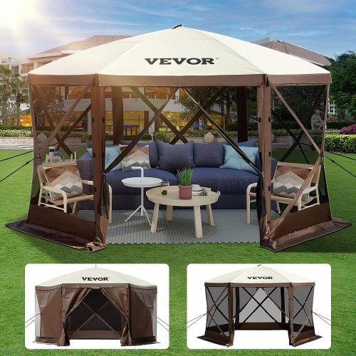 

VEVOR Camping Gazebo Screen Tent, 12*12ft, 6 Sided Pop-up Canopy Shelter Tent with Mesh Windows, Portable Carry Bag, Stakes, Large Shade Tents for Outdoor Camping, Lawn and Backyard, Brown/Beige