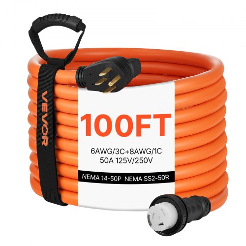 VEVOR 50 Amp Generator Cord, 100 Feet, 125/250V RV Power Cord NEMA 14-50P to SS2-50R with Twist Lock, Grip Handle, Heavy Duty 6AWG/3 + 8AWG/1 Generato