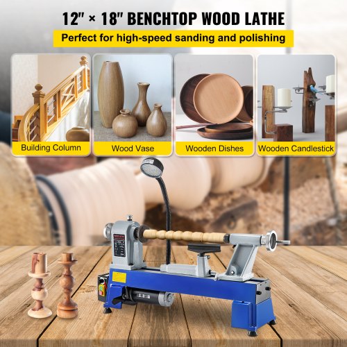12" X 18" Mini Wood Lathe 550W W/LED Light Variable Speed Accurate Low Noise 
