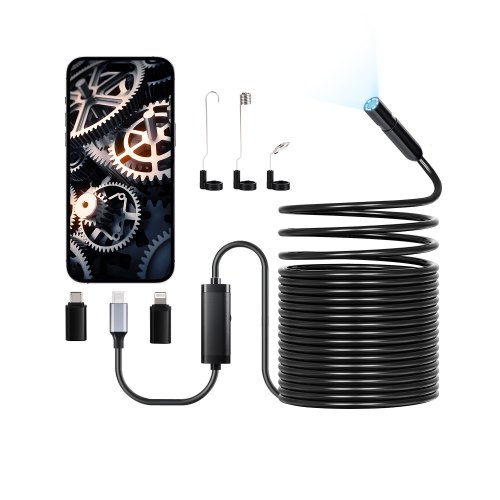 VEVOR Endoscope Camera with 15m Semi-Rigid Cable, 1920P HD Borescope for Android & IOS, Industrial Inspection Camera with Light - 8 LED, 2X Zoom, IP67 Waterproof Snake Camera for Auto, Plumbing