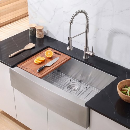 VEVOR 33-inch Kitchen Undermount Single Bowl Sinks, Stainless Steel Drop-In Farmhouse Basin with Ledge & Accessories, Household Dishwasher Sinks for RV, Prep Kitchen, Laundry Room, Bar
