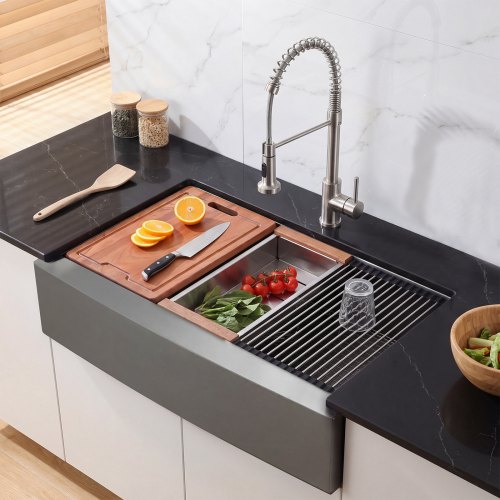 Vevor 33-inch Kitchen Undermount Single Bowl Sinks, Stainless Steel Drop-In Farmhouse Basin with Ledge & Accessories, Household Dishwasher Sinks for RV, Prep Kitchen, Laundry Room, Bar