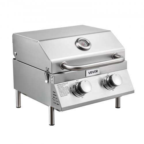 

VEVOR Tabletop Gas Grill, 2-Burner Stainless Steel Portable Propane Grill, with Built-in Thermometer, Travel Locks, Weatherproof Lid, 15,000 BTU Total, for Outdoor Cooking, Patio, Party, Camping, RV