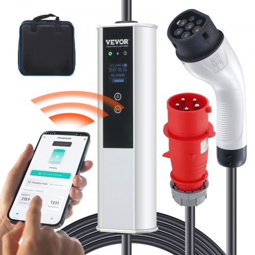 VEVOR Portable EV Charger Type 2, 32A 7.36 kW/22 kW, Electric Vehicle Car Charger with 7.5 M Charging Cable CEE 32 Plug LCD, IEC 62196 Home EV Charging Station with Carry Bag Charging Cable Hook, IP66