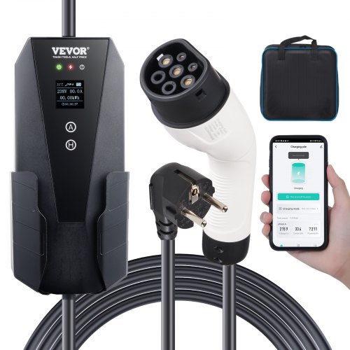 VEVOR Portable EV Charger Type 2, 16A 3.7 kW, Electric Vehicle Car Charger with 8.6 m Charging Cable CEE 7/7 Plug LCD Screen, IEC 62196 Home EV Charging Station with Carry Bag Charging Cable Hook, IP66