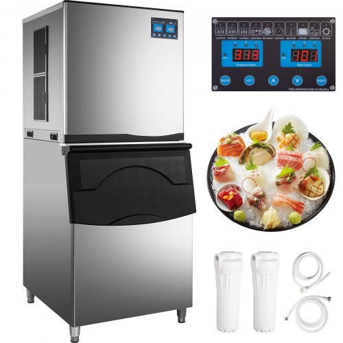 VEVOR 220V Commercial Ice Maker, 570LBS/24H Stainless Steel Slice Flake Ice Machine, Slice Ice Maker with 350LBS Ice Storage Capacity, Ideal for Supermarkets Restaurants Bars, Includes 2 Water Filters
