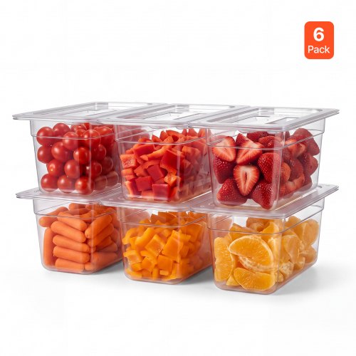 Vevor 6-Pack Polycarbonate Food Pans, 1/3 Size, 6" Deep, With Lid, Clear, For Restaurants, Buffets And Salad Bars, Commercial Food Storage Containers,-image