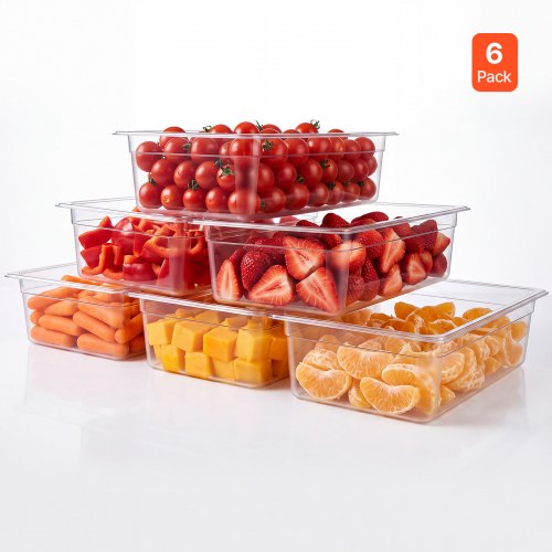 Vevor 6-Pack Polycarbonate Food Pans, Full Size, 6" Deep, Clear, Prep Table for Restaurants, Buffets, Salad Bars, Commercial Food Storage Containers, Dishwasher Compatible, Stackable, Scale Markings