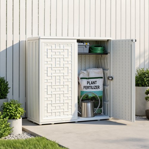 Vevor Outdoor Storage Shed 8 Cu Ft Waterproof Resin Storage Cabinet White, For Garage, Backyard Patio Accessories & Garden Tools, Outside Lawn Mower S-image