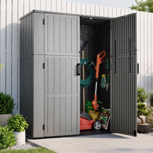 VEVOR Outdoor Storage Shed 59 Cu Ft Vertical Resin Storage Cabinet Brown, for Garage, Backyard Patio Accessories and Garden Tools, Waterproof Outside Lawn Mower Shed with Lockable Doors and Floor