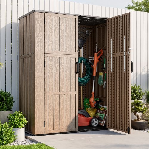 VEVOR Outdoor Storage Shed 59 Cu Ft Vertical Resin Storage Cabinet Brown, for Garage, Backyard Patio Accessories and Garden Tools, Waterproof Outside Lawn Mower Shed with Lockable Doors and Floor