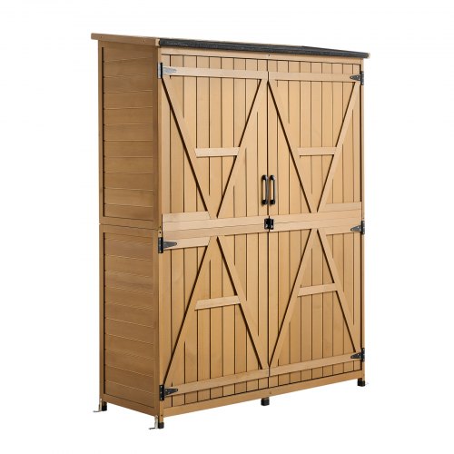 

VEVOR Outdoor Storage Shed, 49.41" x 63.98" Wood Garden Tool Shed with Lockable Doors & Sloped Roof, Waterproof Outside Storage Cabinet with Shelves & Floor Included for Backyard Patio Lawn, Brown