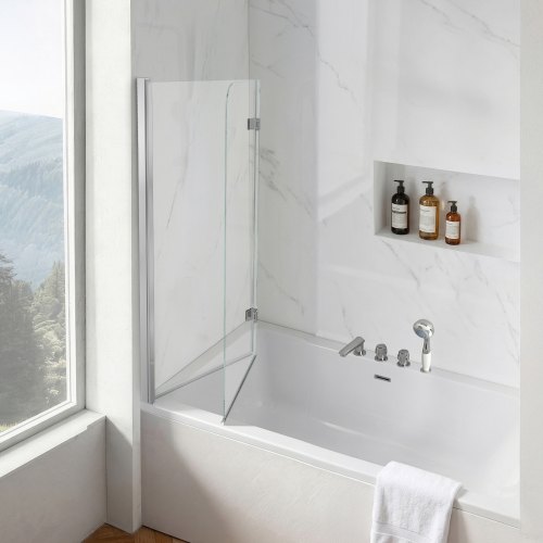 VEVOR Bathtub Shower Door 47" W x 55" H Semi-Frameless Bi-Fold Tub Door, 1/4" Clear Tempered Glass, Easy-Clean Nano Coating, 180° Folding, Adjustable Sealing Strip, for Home Bathroom Tub, Silver