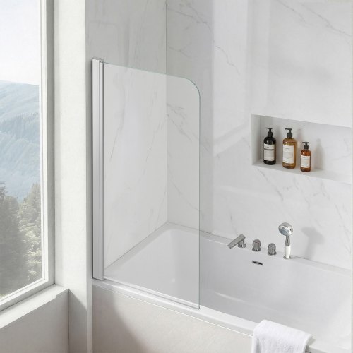 VEVOR Bathtub Shower Door 27.5" W x 55" H Frameless Pivot Tub Door, 1/4" Clear Tempered Glass, Easy-Clean Nano Coating, 180° Folding, Adjustable Sealing Strip, for Home Bathroom Tub, Silver