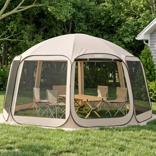 VEVOR Screen House Tent, 4500 x 4250 x 2450 mm, 12-15 Person Pop Up Screen Tent, Portable Screened in Canopy with Carry Bag, Netting Sides, Ground Stakes, for Garden, Patio, Outdoor Activities, Beige