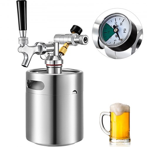 VEVOR 2L Beer Mini Keg Tap Pressurized Growler Stainless Steel Beer Dispenser