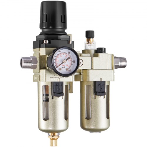 

VEVOR Air Compressor Filter Regulator Lubricator (FRL), 3/8" NPT Air Compressor Water Separator, Semi-Auto Drain Air-Drying System with 5μm Brass Filter Element, 145PSI Max Working Pressure, Poly Bowl