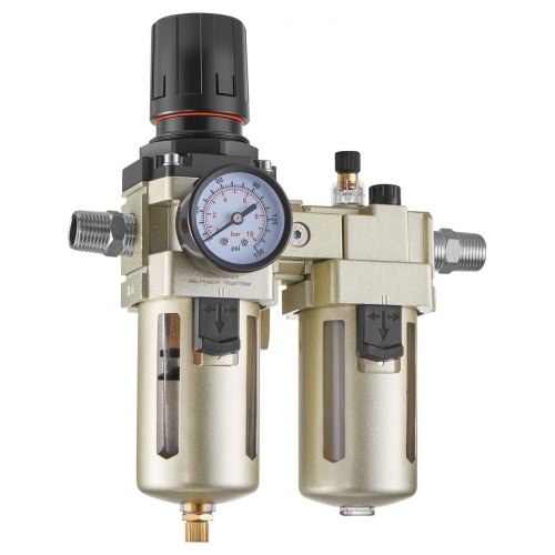 

VEVOR Air Compressor Filter Regulator Lubricator (FRL), 1/2" NPT Air Compressor Water Separator, Semi-Auto Drain Air-Drying System with 5μm Brass Filter Element, 145PSI Max Working Pressure, Poly Bowl
