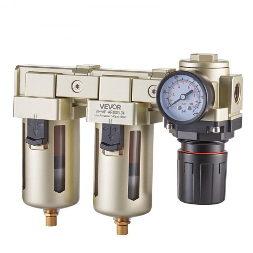 VEVOR Air Compressor Filter Regulator, 1/2 NPT Dual Stage Air-Drying System with 25μm + 5μm Brass Filter Element, Semi-Auto Drain Air Compressor Water Separator 145PSI Max Working Pressure, Poly Bowl