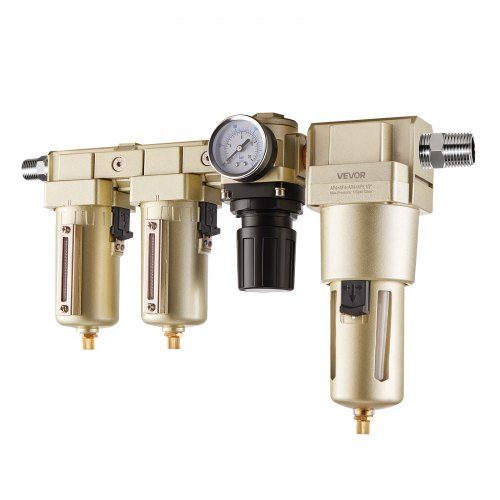 

VEVOR Air Compressor Filter Regulator Combo, 1/2" NPT 3-Stage 25μm & 5μm & 0.3μm Compressed Air Drying System with Micron Filters & Oil-Water Separator, Semi-Auto Drain, 175PSI Max Working Pressure
