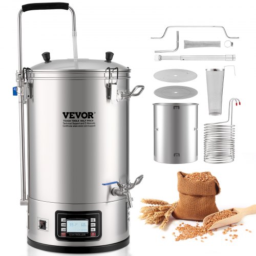 

VEVOR Electric Brewing System, 9.2 Gal/35 L Brewing Pot, All-in-One Home Beer Brewer with Pump, Mash Boil Device with Panel, Auto/Manual Mode 100-1800W Power 25-100℃ Temp 1-180 min Timer Recipe Memory