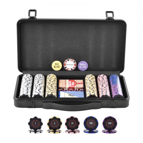 

VEVOR Poker Chip Set, 300-Piece Poker Set, Complete Poker Playing Game Set with Carrying Case, Heavyweight 14 Gram Casino Clay Chips, Cards, Buttons and Dices, for Texas Hold'em, Blackjack, Gambling