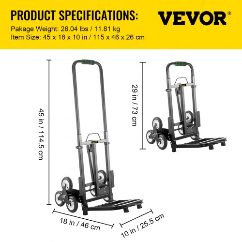 VEVOR Stair Climbing Cart 45in Portable Hand 2X Three-Wheel Hand 330LB Capacity 