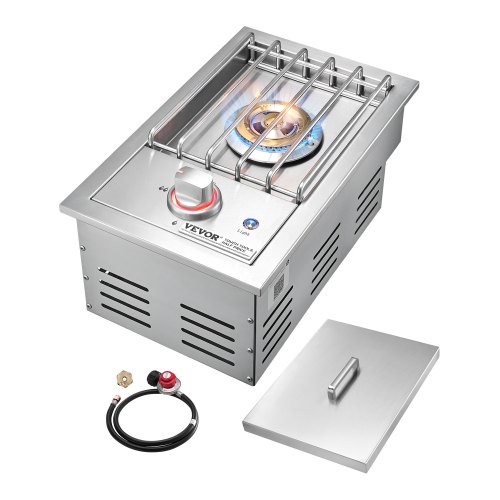 VEVOR Single Grilling Side Burner, 17,000BTU Liquid Propane Side Burner for Outdoor Kitchen, Convertible to Natural Gas, 304 Stainless Steel Built-in Single Grill Burners with LED for BBQ Grill Island