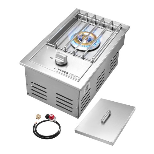 Vevor Single Grilling Side Burner, 15,000BTU Liquid Propane Side Burner for Outdoor Kitchen, Convertible to Natural Gas, 304 Stainless Steel Built-in Single Grill Burners for BBQ Grill Island