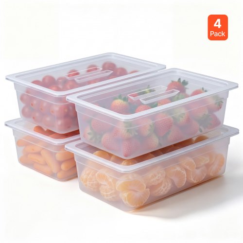 VEVOR 4-Pack Polypropylene Food Pans, Full Size, 6" Deep, Lid, Prep Table for Restaurants, Buffets and Salad Bars, Commercial Food Storage Containers, Dishwasher Compatible, Stackable, Scale Markings