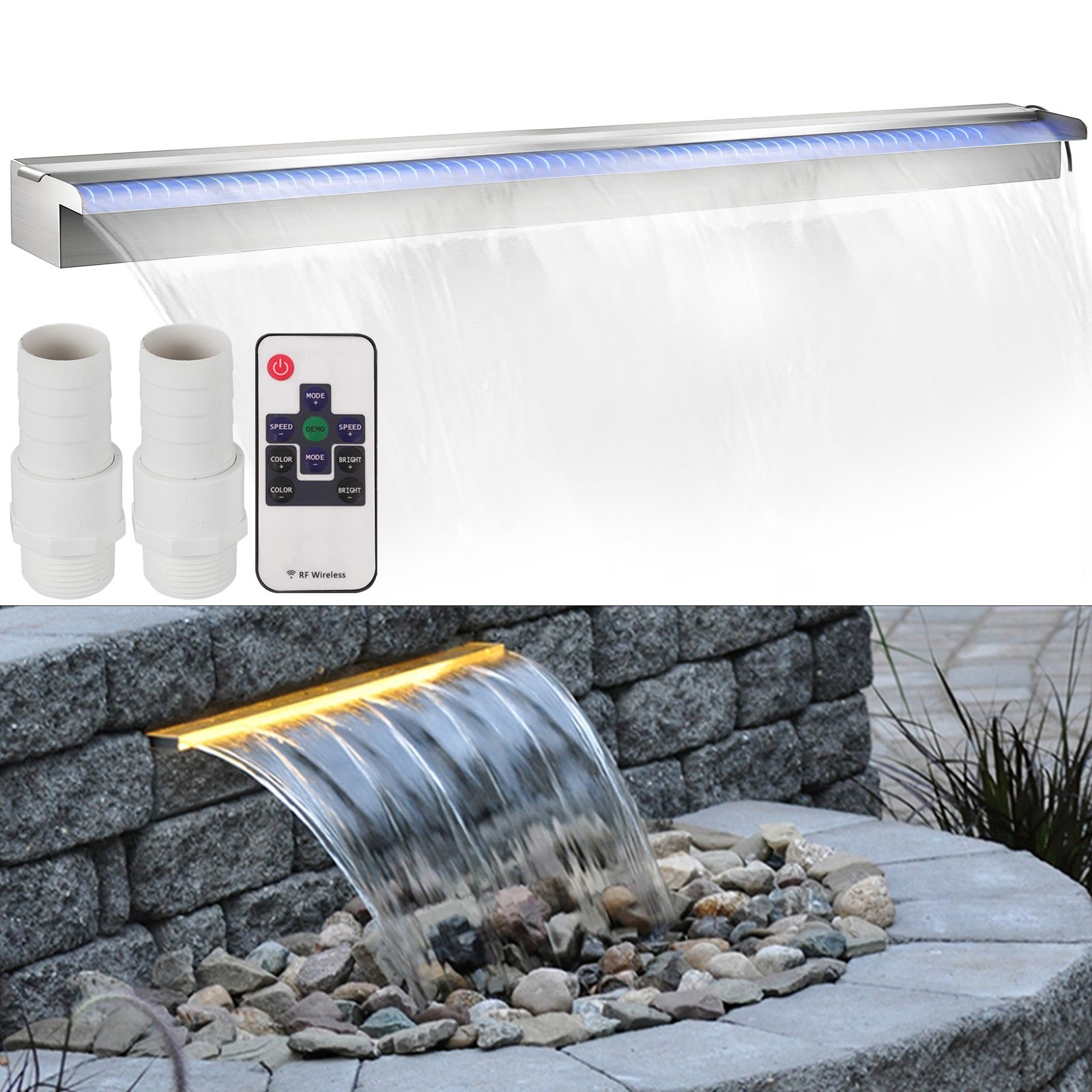 59"Pool Waterfall Fountain 18Color LED Light Stainless Steel Garden Cascade Pond от Vevor Many GEOs