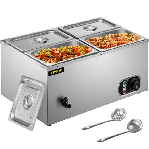 VEVOR 110V Commercial Food Warmer 4x1/4GN, 4-Pan Stainless Steel Bain Marie 14.8 Qt Capacity,1500W Steam Table 15cm/6inch Deep,Temp. Control 86-185, Electric Soup Warmer w/Lids & 2 Ladles