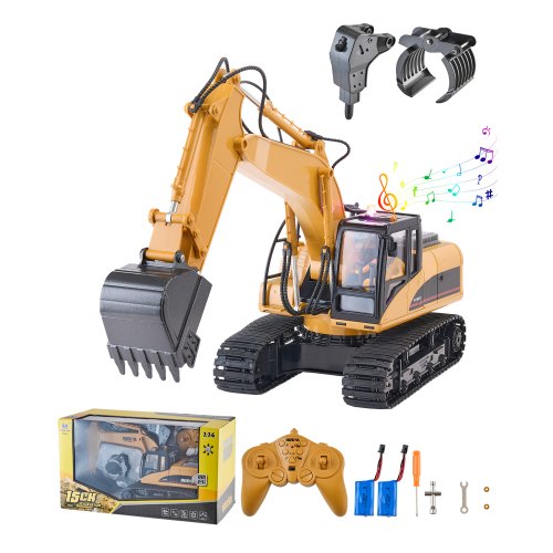VEVOR Remote Control Excavator Toy, 15 Channel, 3 in 1 Remote Control Digger with Metal Shovel, 1:14 Scale RC Excavator with Light & Sound, Full Functional Construction Vehicles for Kids, 2 Batteries