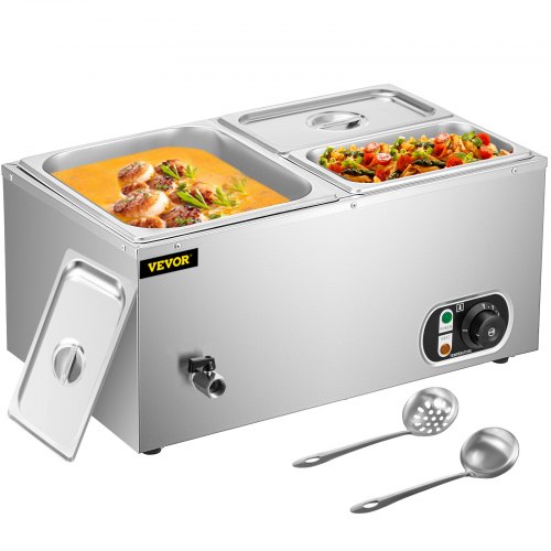 VEVOR 110V Commercial Food Warmer 1x1/2GN and 2x1/4GN, 3-Pan Stainless Steel Bain Marie 24 Qt Capacity,1500W Steam Table 15cm/6inch Deep,Temp. Control 86-185?, Electric Soup Warmer w/ Lids & 2 Ladles