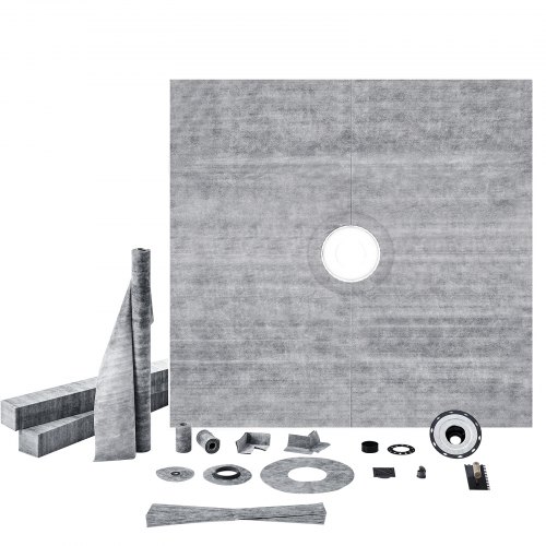 VEVOR Shower Curb Kit, 72x72 Shower Pan Kit with 2 PVC Central Flange, 4 Stainless Steel Grate, Waterproof Shower Curb & Membrane & Strip, Shower Pan Slope Sticks Fit for Bathroom