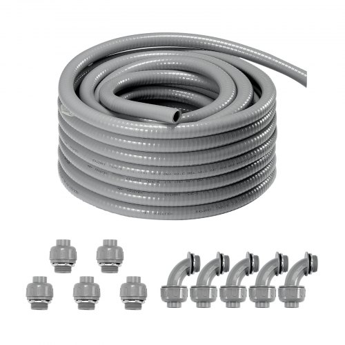 

VEVOR 1/2-Inch Flexible Electrical Conduit, 100 ft, PVC Liquid-Tight Conduit Non-Metallic with 5 Straight and 5 90-Degree Conduit Connector Fittings, for Air Conditioning Motor Controller Pump, IP65