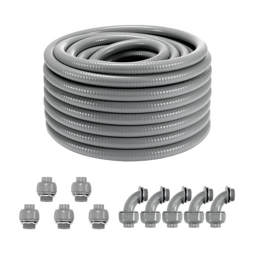 

VEVOR 19.1 mm Flexible Electrical Conduit, 30.5 m, PVC Liquid-Tight Conduit Non-Metallic with 5 Straight and 5 90-Degree Conduit Connector Fittings, for Air Conditioning Motor Controller Pump, IP65